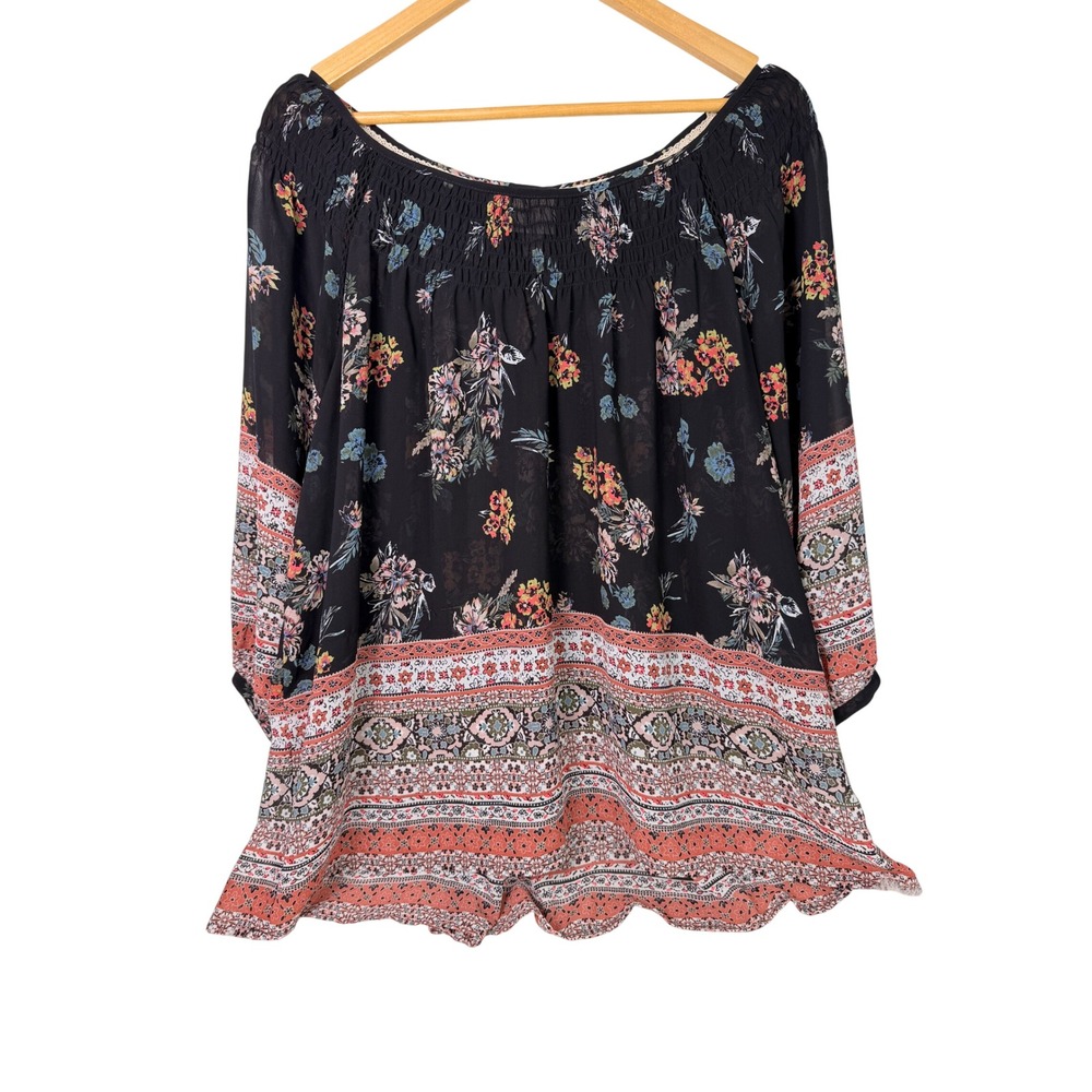 Knox Rose XL Black Floral Smocked Off The Shoulder Boho Peasant Blouse Top